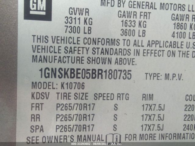 Photo 8 VIN: 1GNSKBE05BR180735 - CHEVROLET TAHOE 