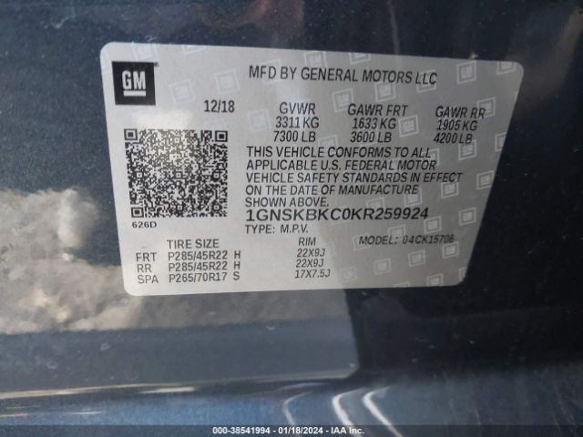 Photo 8 VIN: 1GNSKBKC0KR259924 - CHEVROLET TAHOE 