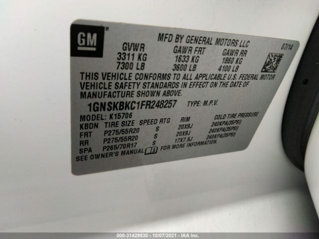 Photo 8 VIN: 1GNSKBKC1FR248257 - CHEVROLET TAHOE 