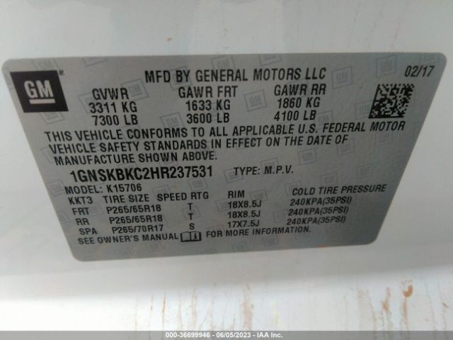 Photo 8 VIN: 1GNSKBKC2HR237531 - CHEVROLET TAHOE 