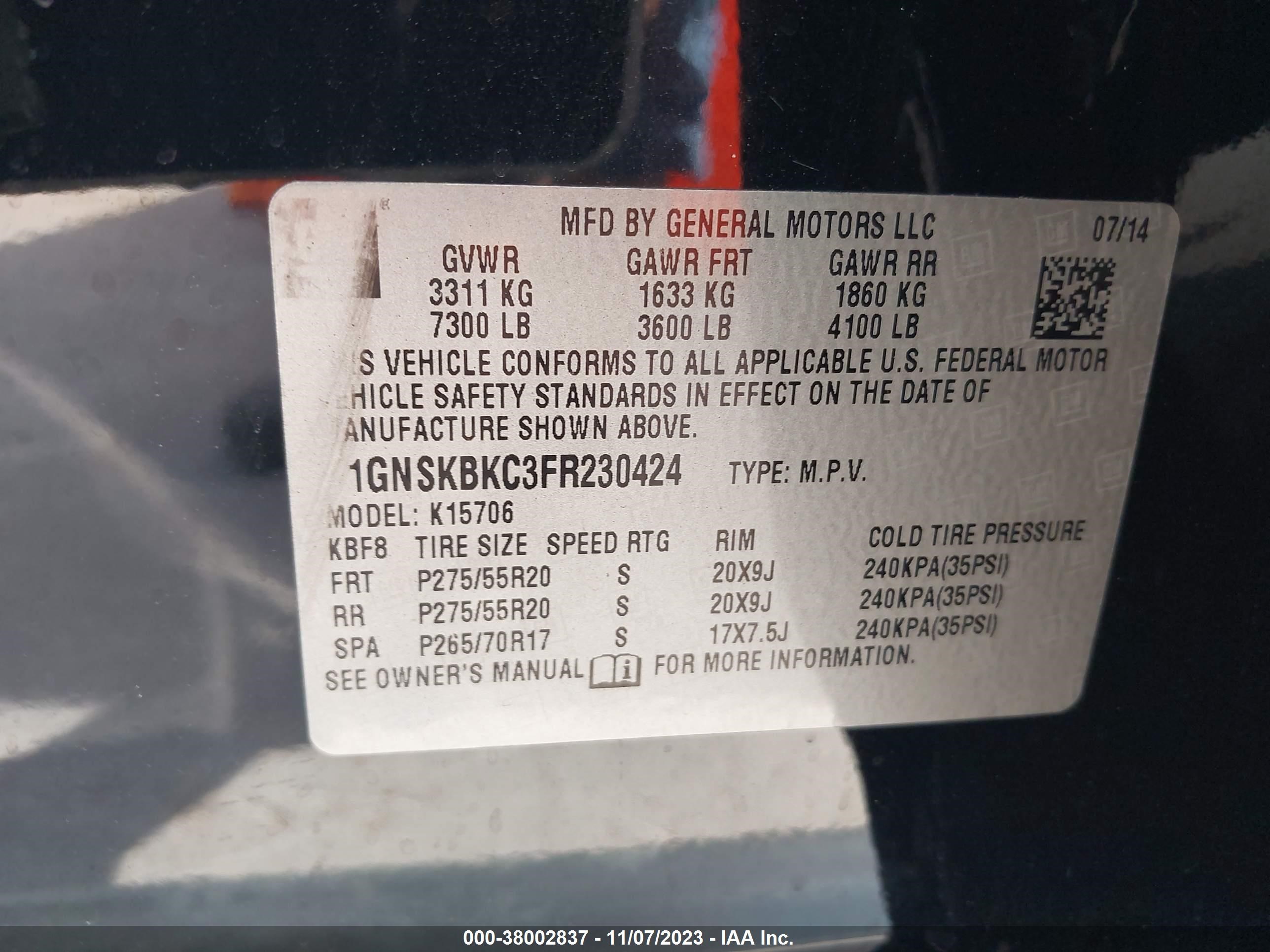 Photo 8 VIN: 1GNSKBKC3FR230424 - CHEVROLET TAHOE 