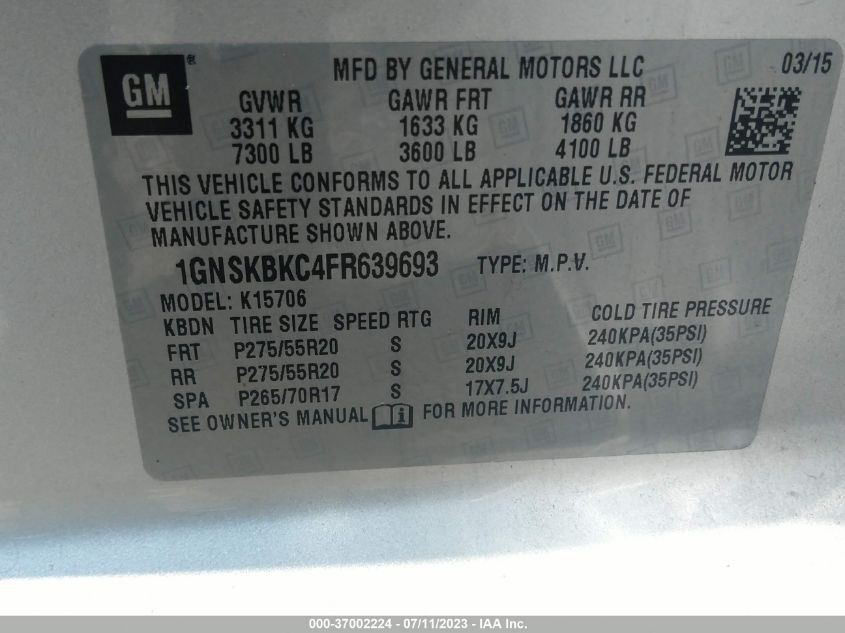 Photo 8 VIN: 1GNSKBKC4FR639693 - CHEVROLET TAHOE 