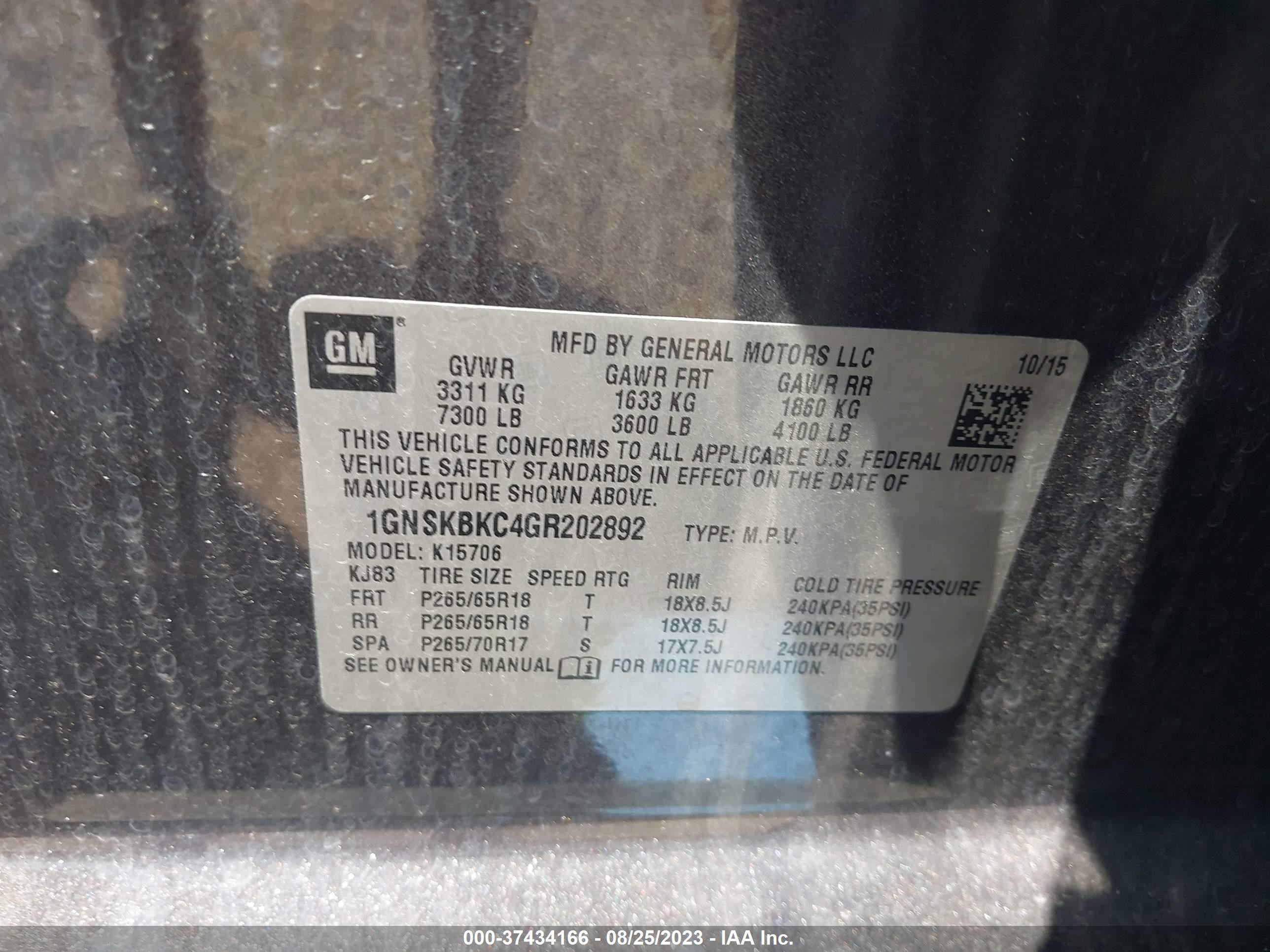 Photo 8 VIN: 1GNSKBKC4GR202892 - CHEVROLET TAHOE 