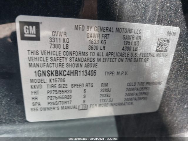 Photo 8 VIN: 1GNSKBKC4HR113406 - CHEVROLET TAHOE 