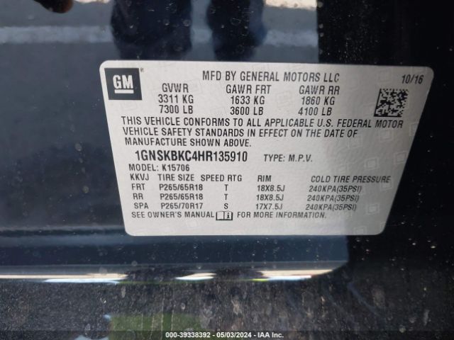 Photo 8 VIN: 1GNSKBKC4HR135910 - CHEVROLET TAHOE 