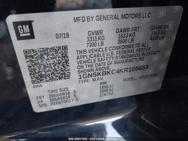 Photo 8 VIN: 1GNSKBKC4KR105653 - CHEVROLET TAHOE 