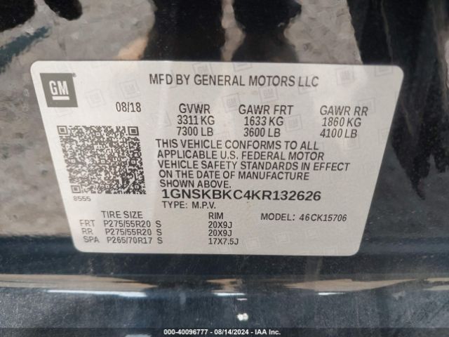 Photo 8 VIN: 1GNSKBKC4KR132626 - CHEVROLET TAHOE 