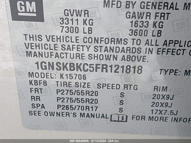 Photo 8 VIN: 1GNSKBKC5FR121818 - CHEVROLET TAHOE 