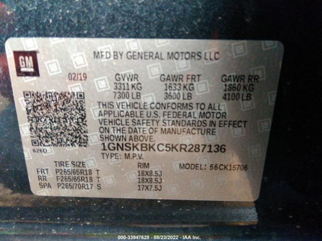 Photo 8 VIN: 1GNSKBKC5KR287136 - CHEVROLET TAHOE 