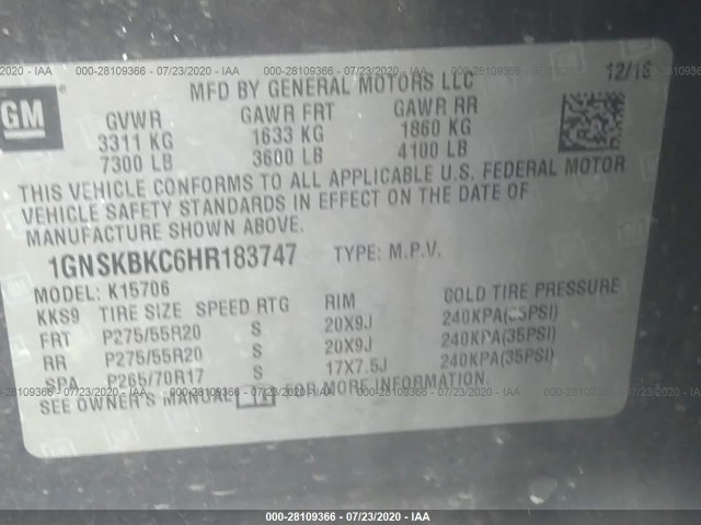 Photo 8 VIN: 1GNSKBKC6HR183747 - CHEVROLET TAHOE 