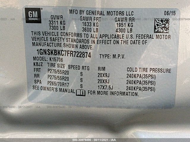 Photo 8 VIN: 1GNSKBKC7FR722874 - CHEVROLET TAHOE 