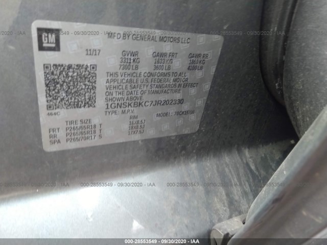 Photo 8 VIN: 1GNSKBKC7JR202330 - CHEVROLET TAHOE 