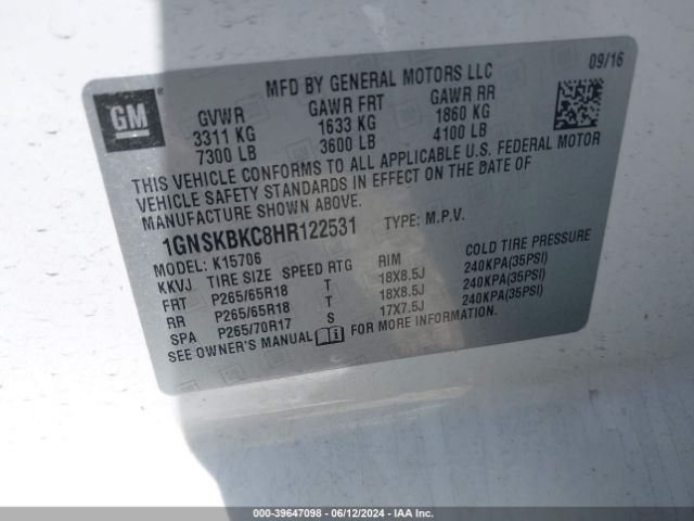 Photo 8 VIN: 1GNSKBKC8HR122531 - CHEVROLET TAHOE 