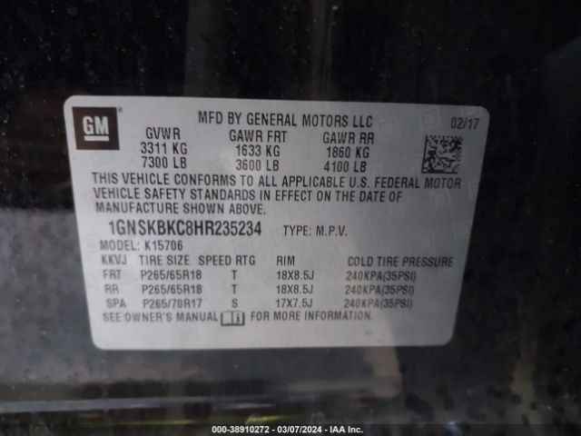 Photo 8 VIN: 1GNSKBKC8HR235234 - CHEVROLET TAHOE 