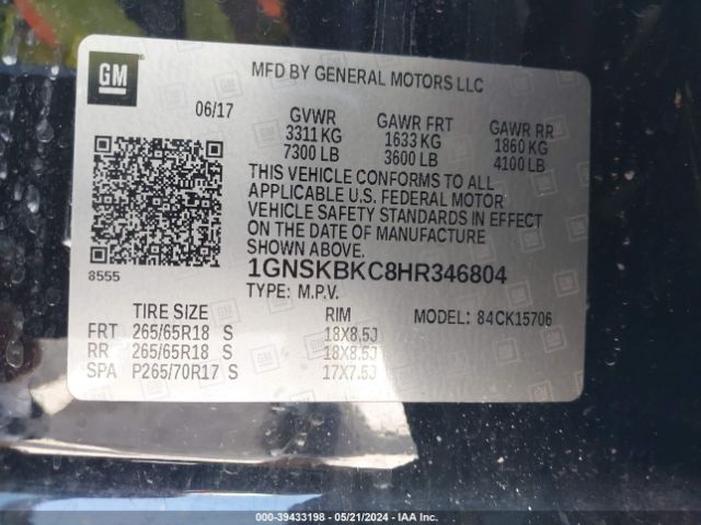 Photo 8 VIN: 1GNSKBKC8HR346804 - CHEVROLET TAHOE 