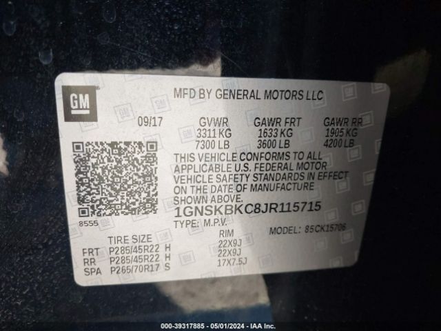 Photo 8 VIN: 1GNSKBKC8JR115715 - CHEVROLET TAHOE 