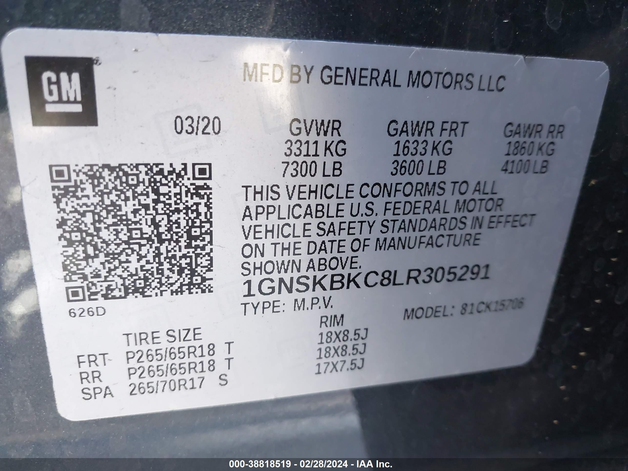 Photo 8 VIN: 1GNSKBKC8LR305291 - CHEVROLET TAHOE 