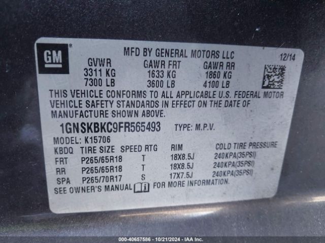 Photo 8 VIN: 1GNSKBKC9FR565493 - CHEVROLET TAHOE 