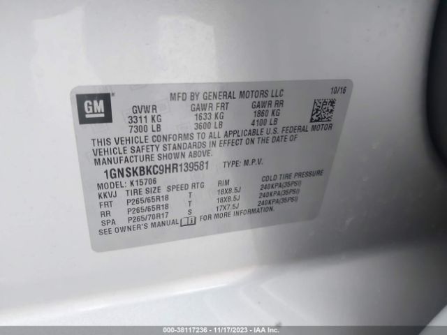 Photo 8 VIN: 1GNSKBKC9HR139581 - CHEVROLET TAHOE 