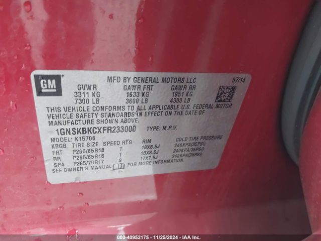 Photo 8 VIN: 1GNSKBKCXFR233000 - CHEVROLET TAHOE 
