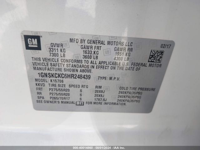 Photo 8 VIN: 1GNSKCKC6HR248439 - CHEVROLET TAHOE 