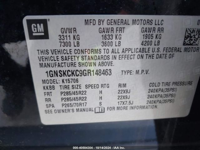 Photo 8 VIN: 1GNSKCKC9GR148463 - CHEVROLET TAHOE 