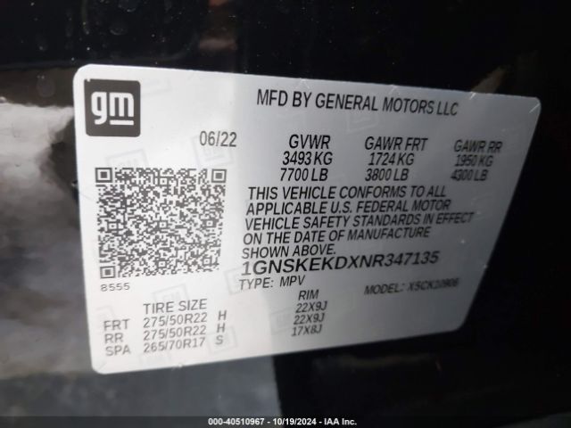 Photo 8 VIN: 1GNSKEKDXNR347135 - CHEVROLET SUBURBAN 