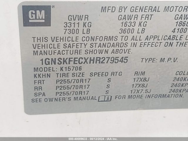 Photo 8 VIN: 1GNSKFECXHR279545 - CHEVROLET TAHOE 