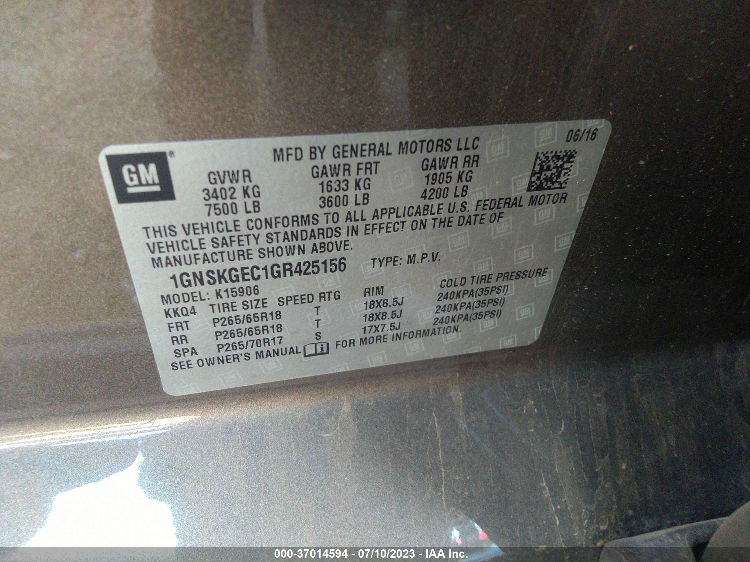 Photo 8 VIN: 1GNSKGEC1GR425156 - CHEVROLET SUBURBAN 