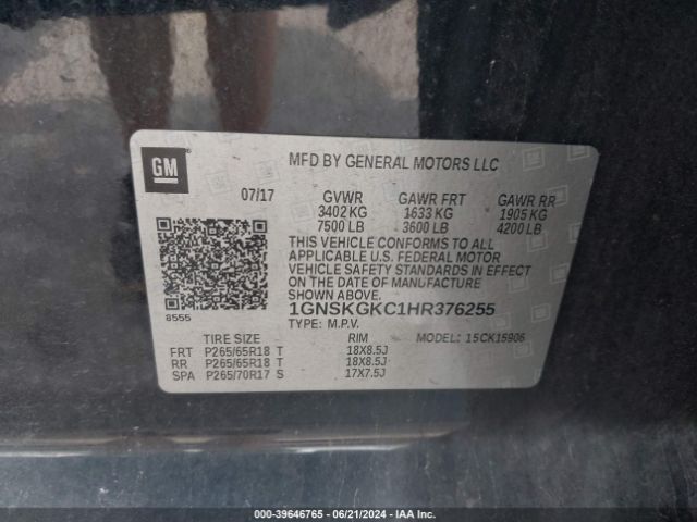 Photo 8 VIN: 1GNSKGKC1HR376255 - CHEVROLET SUBURBAN 