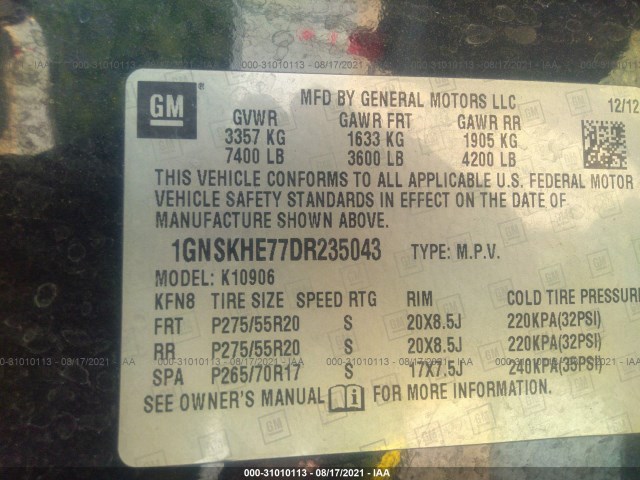 Photo 8 VIN: 1GNSKHE77DR235043 - CHEVROLET SUBURBAN 