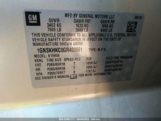 Photo 8 VIN: 1GNSKHKC0GR403661 - CHEVROLET SUBURBAN 