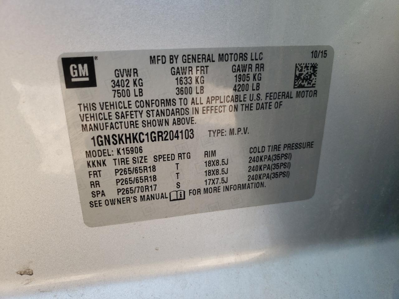 Photo 12 VIN: 1GNSKHKC1GR204103 - CHEVROLET SUBURBAN 