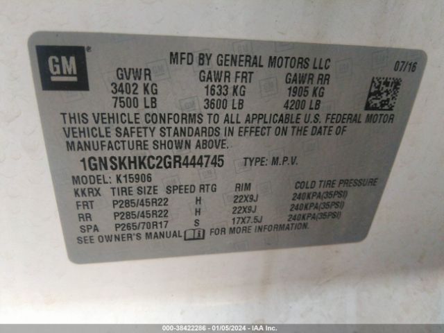 Photo 8 VIN: 1GNSKHKC2GR444745 - CHEVROLET SUBURBAN 