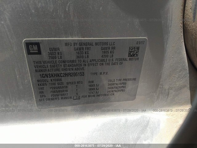 Photo 8 VIN: 1GNSKHKC2HR206153 - CHEVROLET SUBURBAN 