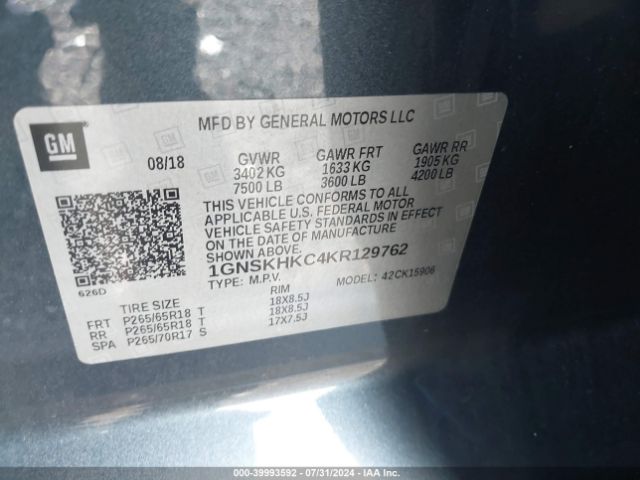 Photo 8 VIN: 1GNSKHKC4KR129762 - CHEVROLET SUBURBAN 