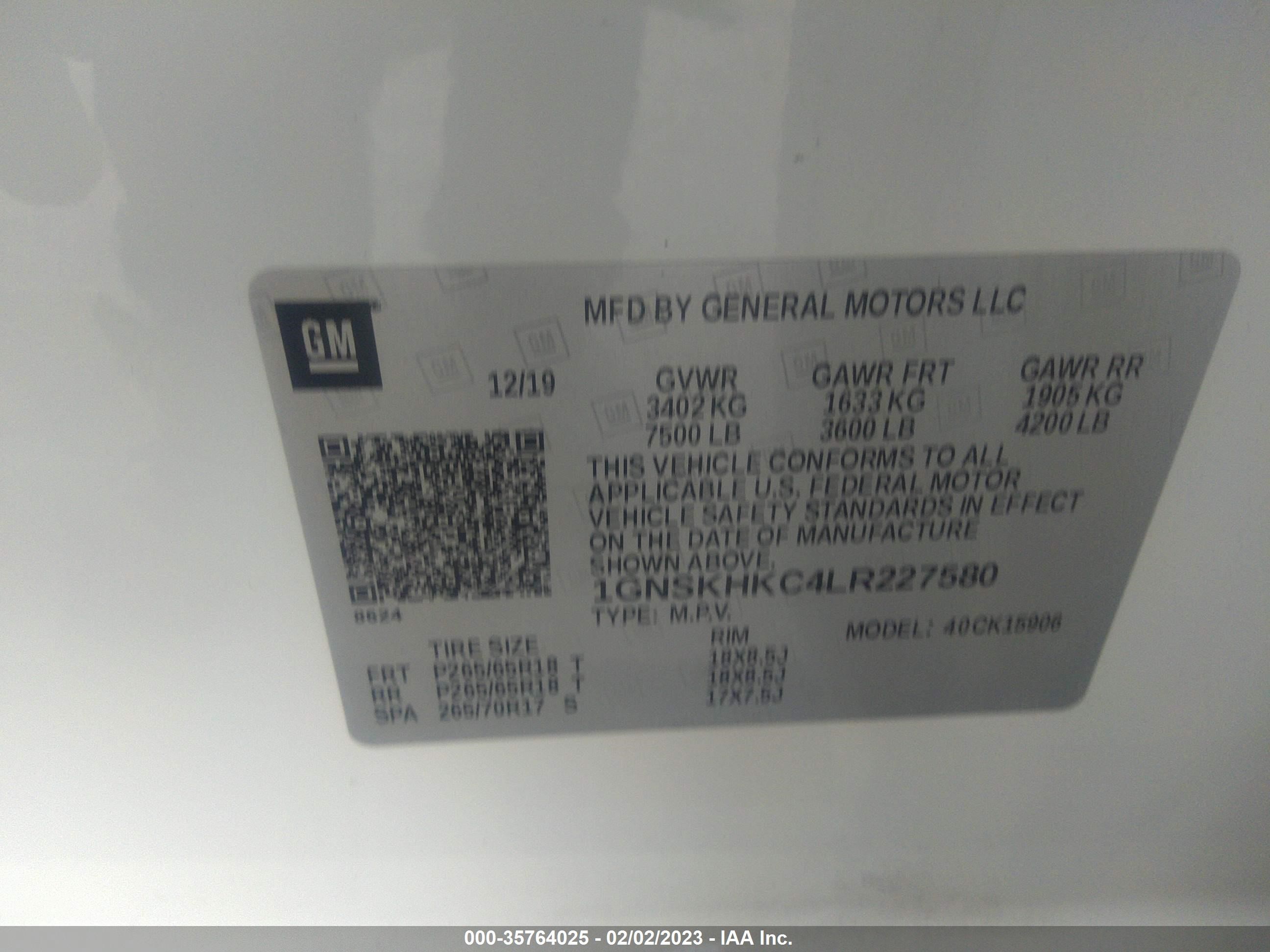 Photo 8 VIN: 1GNSKHKC4LR227580 - CHEVROLET SUBURBAN 