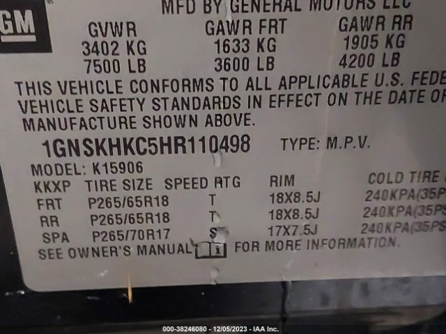 Photo 8 VIN: 1GNSKHKC5HR110498 - CHEVROLET SUBURBAN 