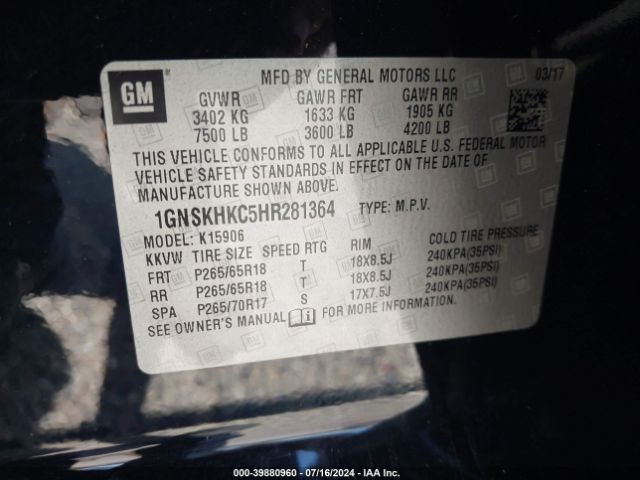 Photo 8 VIN: 1GNSKHKC5HR281364 - CHEVROLET SUBURBAN 