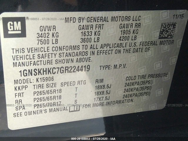 Photo 8 VIN: 1GNSKHKC7GR224419 - CHEVROLET SUBURBAN 