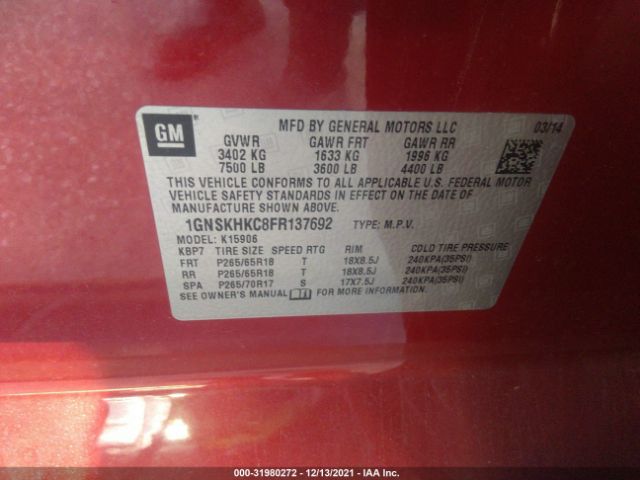 Photo 8 VIN: 1GNSKHKC8FR137692 - CHEVROLET SUBURBAN 