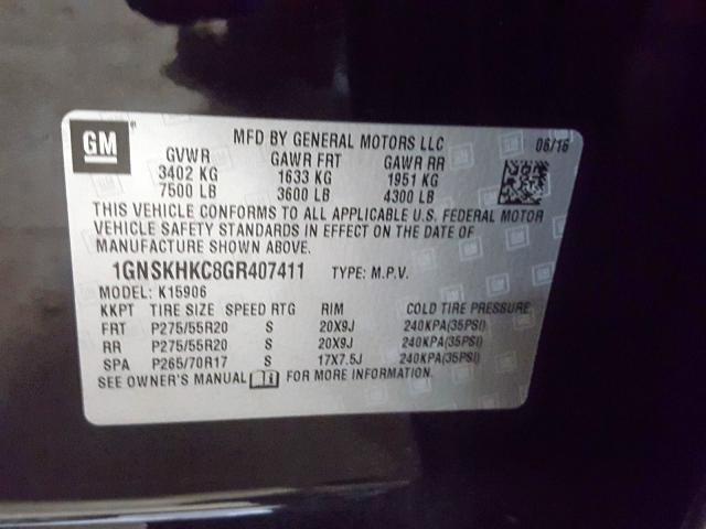 Photo 9 VIN: 1GNSKHKC8GR407411 - CHEVROLET SUBURBAN K 