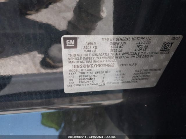 Photo 8 VIN: 1GNSKHKCXHR334902 - CHEVROLET SUBURBAN 