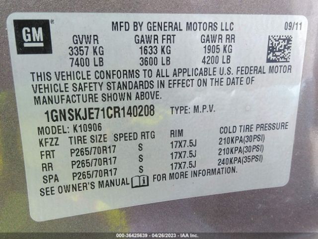 Photo 8 VIN: 1GNSKJE71CR140208 - CHEVROLET SUBURBAN 1500 