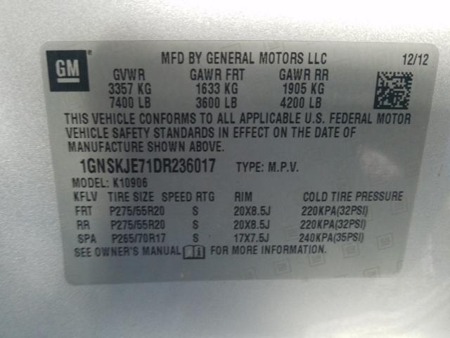 Photo 9 VIN: 1GNSKJE71DR236017 - CHEVROLET SUBURBAN 