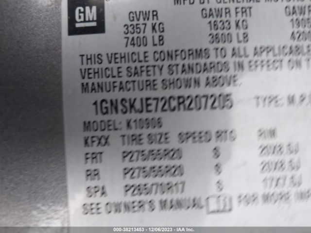 Photo 8 VIN: 1GNSKJE72CR207205 - CHEVROLET SUBURBAN 1500 