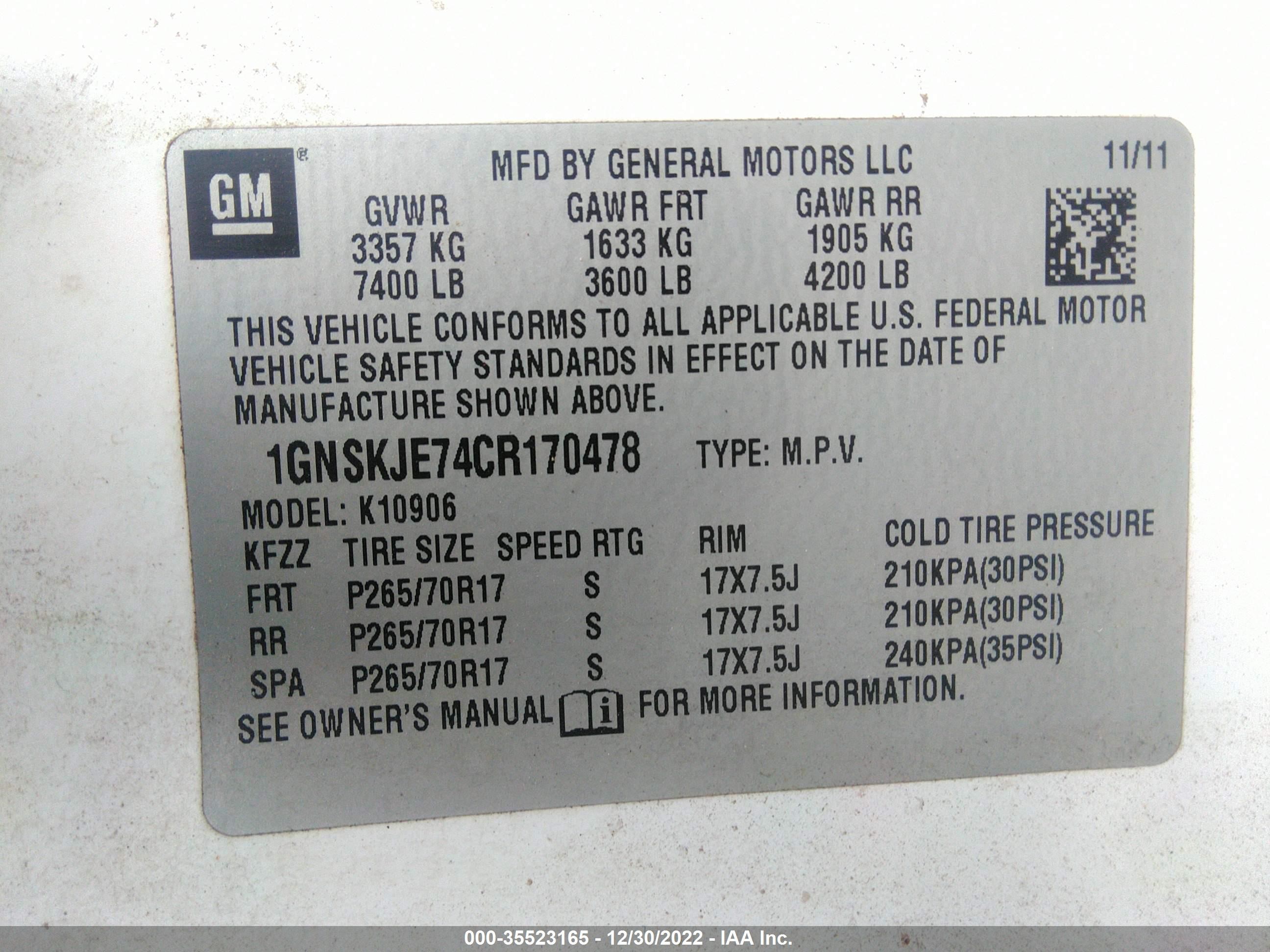 Photo 8 VIN: 1GNSKJE74CR170478 - CHEVROLET SUBURBAN 1500 