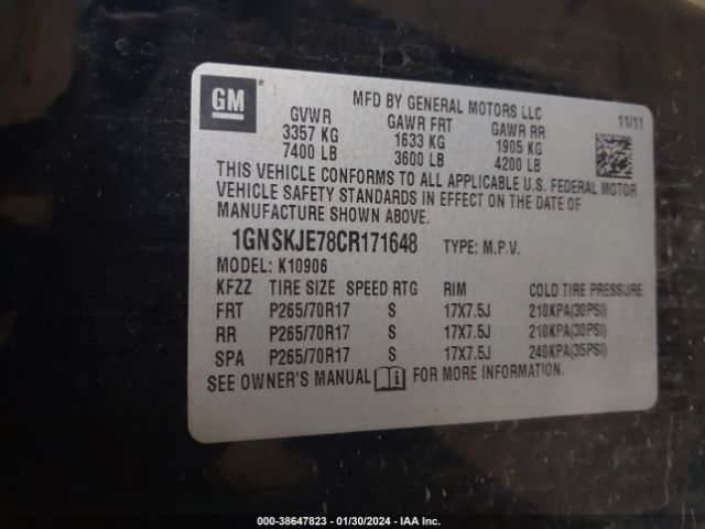 Photo 8 VIN: 1GNSKJE78CR171648 - CHEVROLET SUBURBAN 1500 