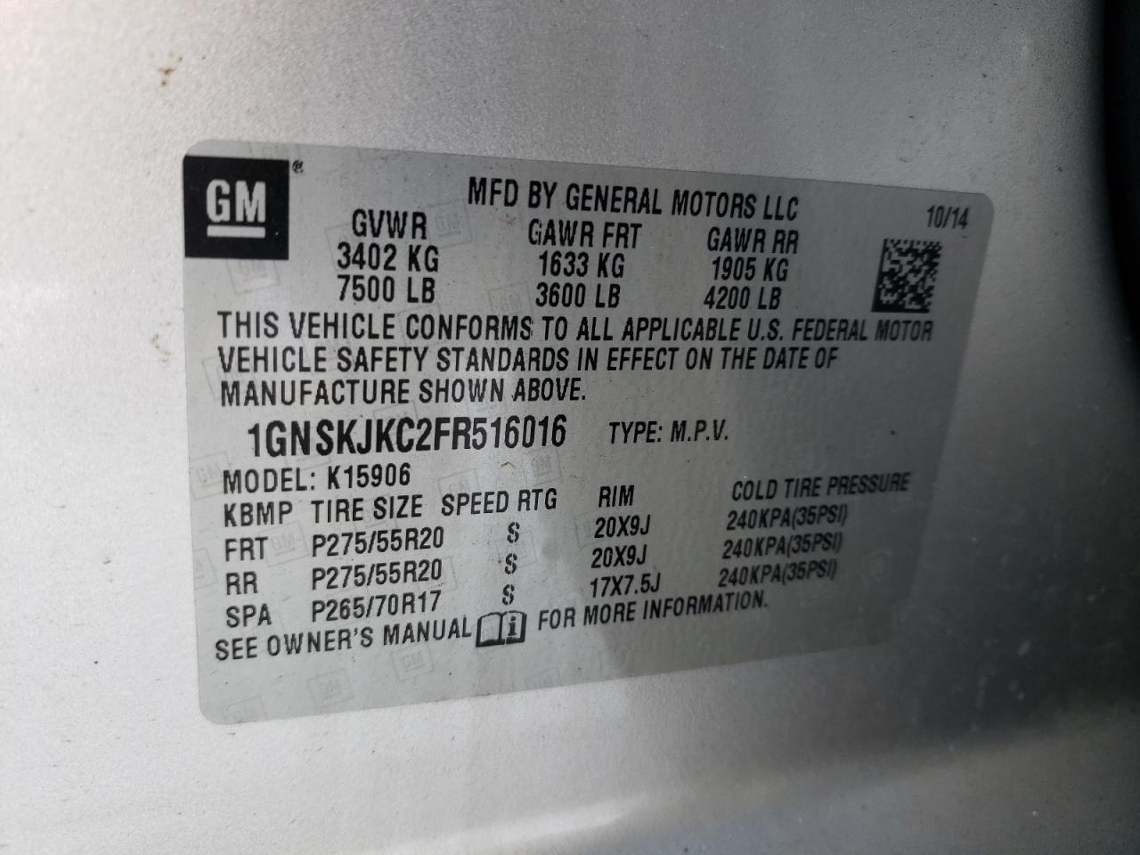 Photo 11 VIN: 1GNSKJKC2FR516016 - CHEVROLET SUBURBAN 