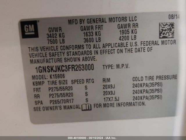 Photo 8 VIN: 1GNSKJKC3FR263000 - CHEVROLET SUBURBAN 